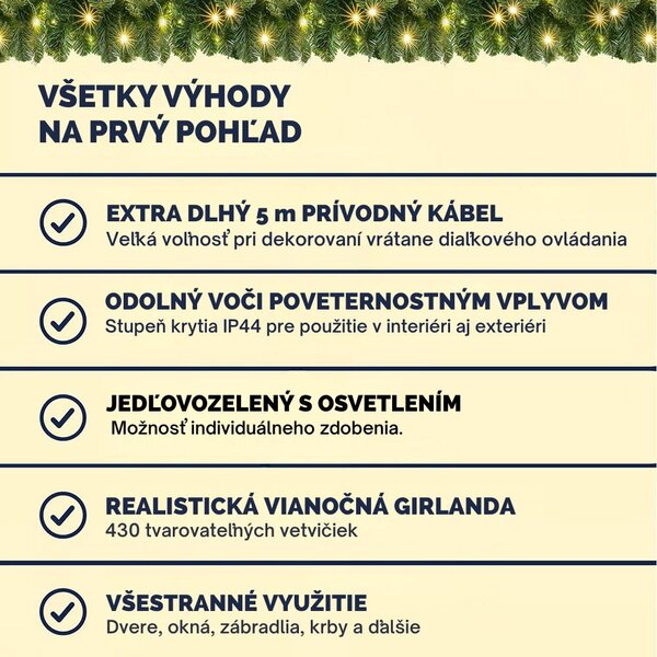 Vianočná girlanda ANDREA s osvetlením na diaľkové ovládanie, 5m, zelená Casaria