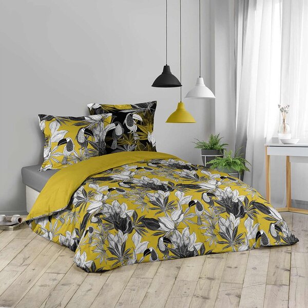 Kvalitné bavlnené žlté posteľné obliečky s motívom exotiky 220 x 200 cm