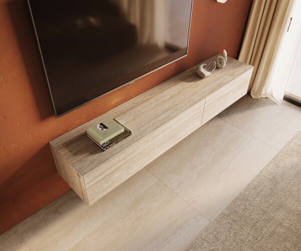 DELIFE TV stolík Cuor 220 cm keramika Laminam® Travertino Bianco krémovo biela 1 výklopné dvierka 2 zásuvky závesné