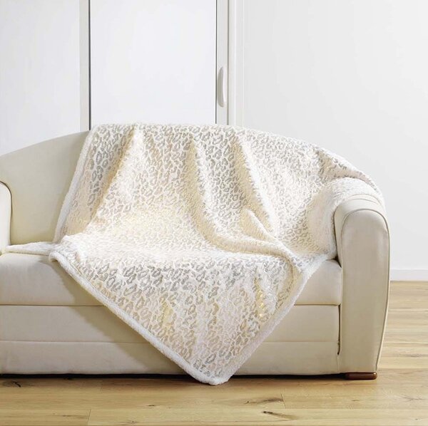 Smotanovo biela obojstranná deka s rúnom a zlatým leopardím vzorom 125 x 150 cm