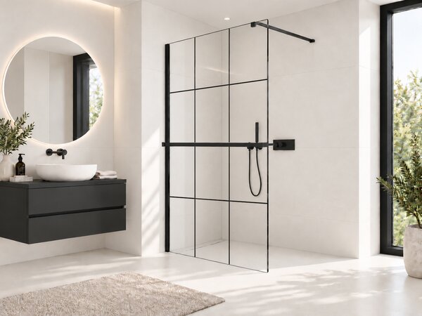CERANO - Sprchová zástena Walk-in Onyx Cube L/P - 8 mm + polička/držiak na uteráky - hranatá vzpera - matná čierna, industriálne sklo - 90x200 cm