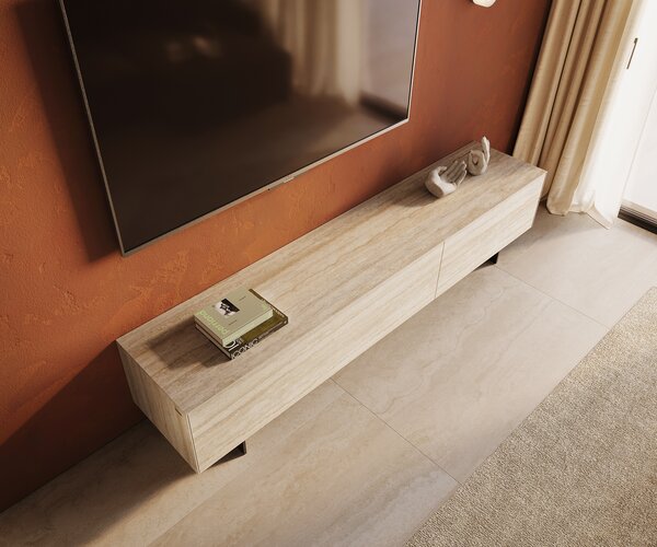 DELIFE TV stolík Cuor 220 cm keramika Laminam® Travertino Bianco krémovo biela 1 výklopné dvierka 2 zásuvky podstava závesná kov čierna