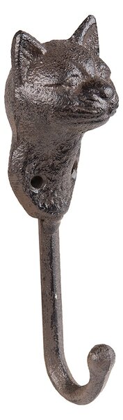 Hnedý nástenný liatinový háčik s hlavou mačky Catty Brown - 5*4*15 cm - Clayre & Eef