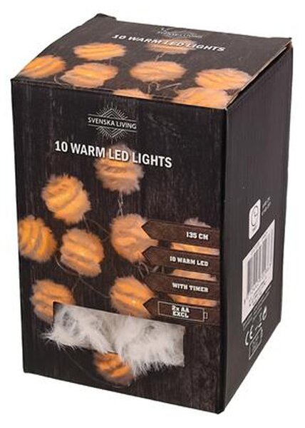 Vianočná svetelná reťaz 10 LED gule pierka s časovačom