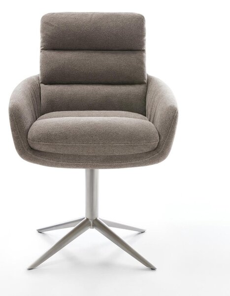 DELIFE Jedálenská stolička Abelia-Flex s opierkami texturovaná látka mäkká taupe kovová krížová podstava nerezová oceľ otočná o 360° s hojdacou funkciou