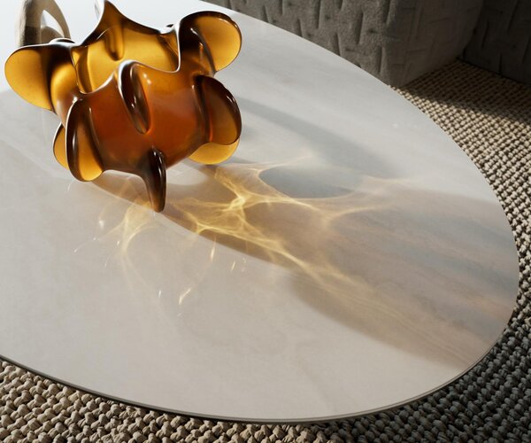 DELIFE Konferenčný stolík Edge oválny 135×80 cm keramika onyx champagne Conis nerezová oceľ kefovaná