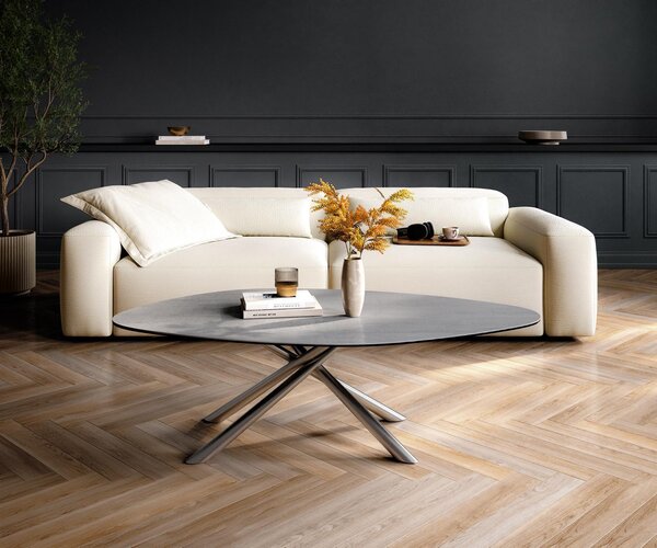 DELIFE Konferenčný stolík Edge organický 140×76 cm keramika betónová sivá Sarity nerezová oceľ kefovaná