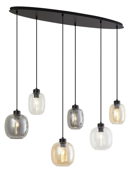 Závesná lampa čierna s jantárovým, dymovým a čírym sklom 6-svetiel - Elena