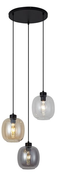 Závesná lampa čierna s jantárovým, dymovým a čírym sklom 3-Lights - Elena