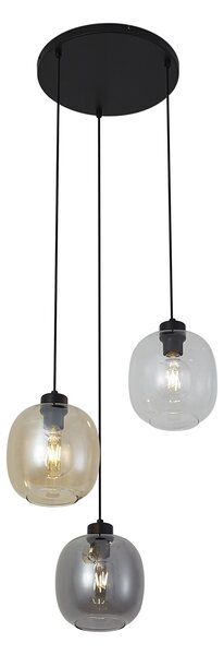 Závesná lampa čierna s jantárovým, dymovým a čírym sklom 3-Lights - Elena