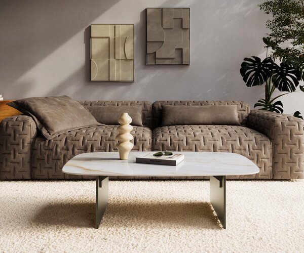 DELIFE Konferenčný stolík Edge zaoblený tvar 120×70 cm keramika onyx perla Salto kov titánová farba efekt