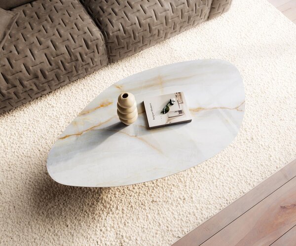 DELIFE Konferenčný stolík Edge organický 140×76 cm keramika onyx perla Vibany kov čierna