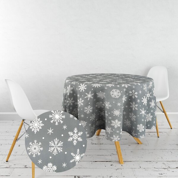 Ervi bavlnený obrus na stôl okrúhly - snehové vločky na šedom