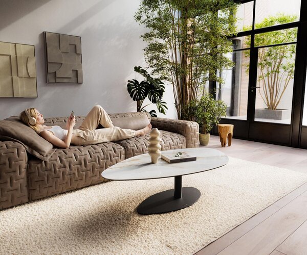 DELIFE Konferenčný stolík Edge organický 140×76 cm keramika onyx perla Vibany kov čierna