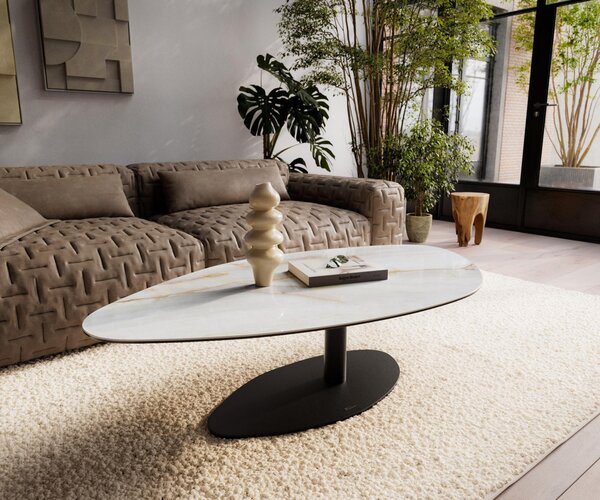 DELIFE Konferenčný stolík Edge organický 140×76 cm keramika onyx perla Vibany kov čierna