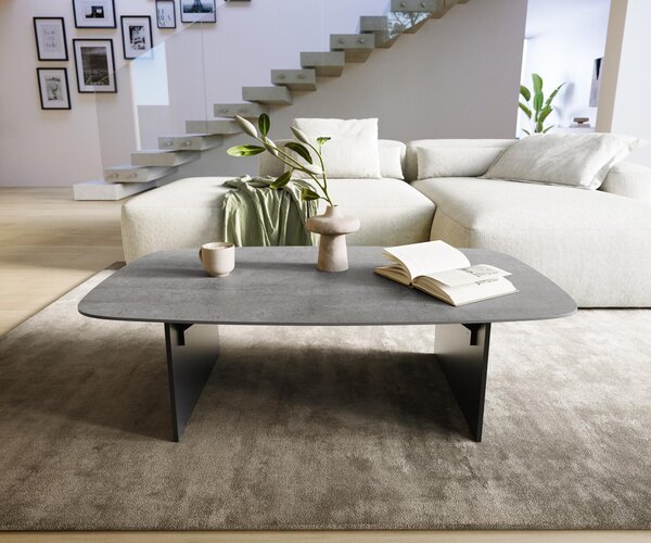 DELIFE Konferenčný stolík Edge zaoblený tvar 120×70 cm keramika betónová sivá Salto kov čierna