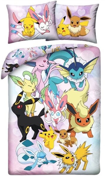 Posteľné obliečky z mikrovlákna Pokémoni - motív Pikachu a Eeveelutions - 70x90 cm + 140x200 cm