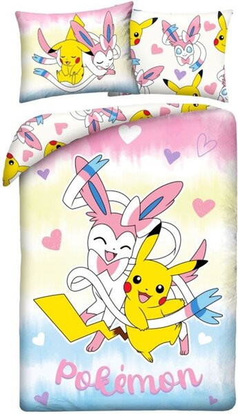 Posteľné obliečky z mikrovlákna Pokémoni - motív Pikachu a Sylveon - 70x90 cm + 140x200 cm