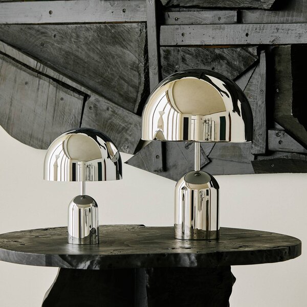 Tom Dixon Stolová LED lampa Bell, strieborná, 43 cm, stmievateľná, Chrómová / strieborná, Obývacia izba / jedáleň, kov, Dizajn, Stojacie svietidlo