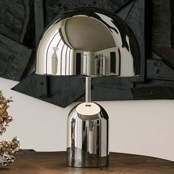 Tom Dixon Stolová LED lampa Bell, strieborná, 43 cm, stmievateľná, Chrómová / strieborná, Obývacia izba / jedáleň, kov, Dizajn, Stojacie svietidlo