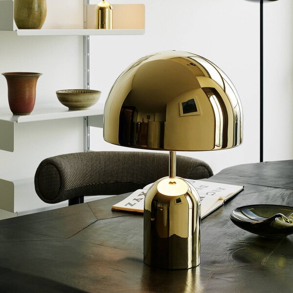 Tom Dixon Stolová LED lampa Bell, zlatá, 43 cm, stmievateľná, Mosadz / zlato, Obývacia izba / jedáleň, kov, Dizajn, Stojacie svietidlo