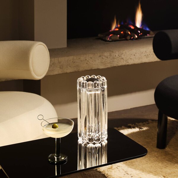 Tom Dixon Stolová LED lampa Press, číra, sklo, 24 cm, 927 stmievateľné, Jasné / priehľadné, Obývacia izba / jedáleň, Sklo, Dizajn, Stolová lampa