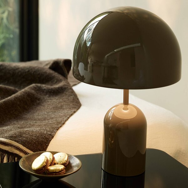 Tom Dixon Stolová LED lampa Bell, taupe, výška 43 cm, stmievateľné, Hliník / sivá / zinok, Obývacia izba / jedáleň, kov, Dizajn, Stojacie svietidlo