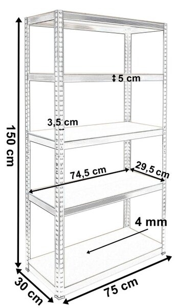 Regál 150x75x30 cm strieborný