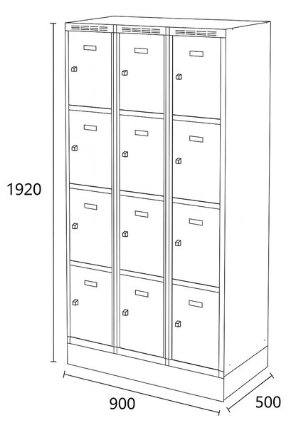Šatníková skrinka S6 na sokli s úložnými boxami, 12 boxov, 1920 x 900 x 500 mm, cylindrický zámok, sivé dvere
