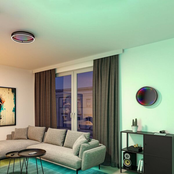 Paulmann Stropné LED svetlo Spaceglow One, čierne, Ø 39 cm, RGBW, Čierna, Chodba, Plast, Moderný, Závesné svietidlo