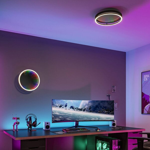 Paulmann Stropné LED svetlo Spaceglow One, čierne, Ø 39 cm, RGBW, Čierna, Chodba, Plast, Moderný, Závesné svietidlo