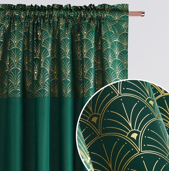 Tmavo zelený záves na riasiacu pásku s ornamentálnym vzorom 140 x 280 cm