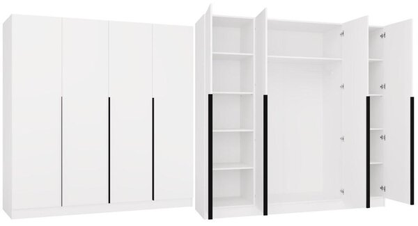Skriňa SENSO 4D, 200 cm, 4 dvere, čierne úchytky, vhodná do obývačky alebo spálne, farba: biela