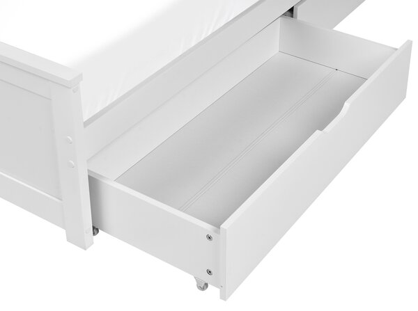Posteľ biela borovicové drevo MDF 120 x 200 cm s čelom 4 zásuvky minimalistický štýl spálňa