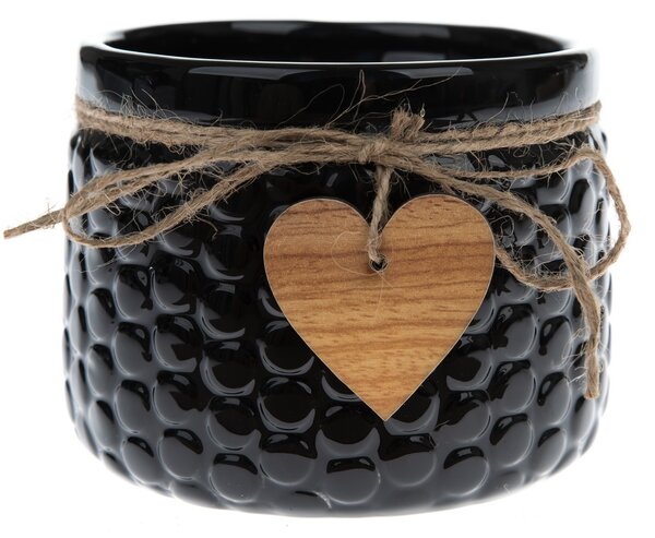 Keramický obal na kvetináč Wood heart čierna , 8 x 11 cm