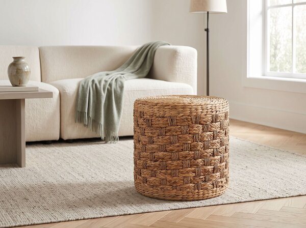 Puf prírodná farba morská tráva vodný hyacint 40 cm polystyrénová výplň taburetka v boho štýle