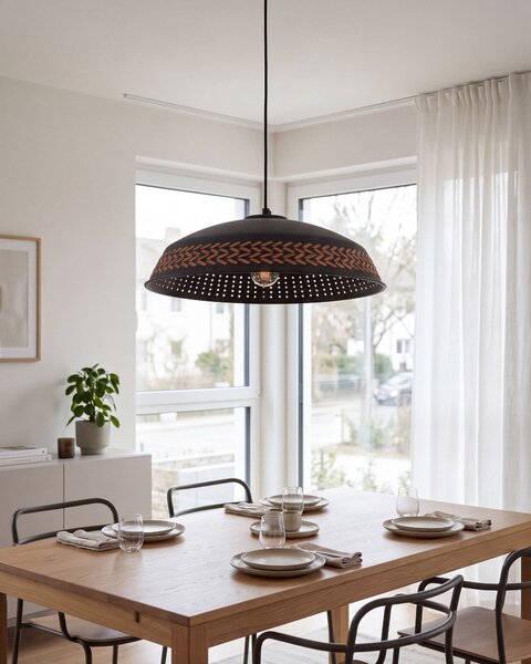 Závesná lampa čierna kovová železné tienidlo detaily z umelej kože moderný súčasný štýl