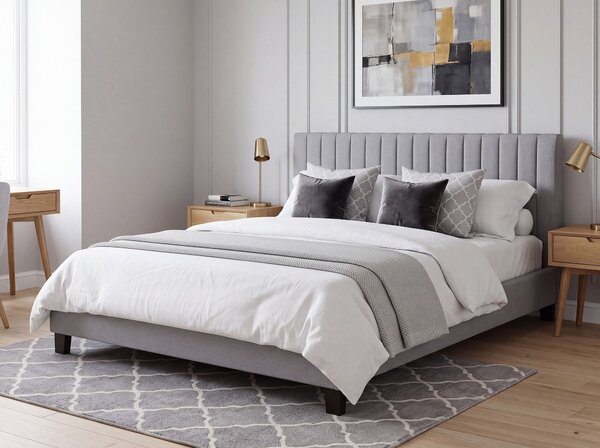 Posteľ svetlosivá polyester 140 x 200 cm prešívané čalúnenie lamelový rošt vysoké čelo moderný štýl spálňa