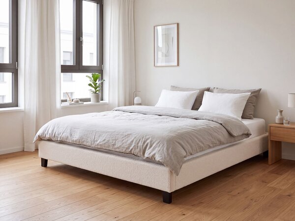 Posteľ čalúnená svetlobéžová buklé 180 x 200 cm rám postele s roštom bez čela spálňa moderný minimalistický štýl