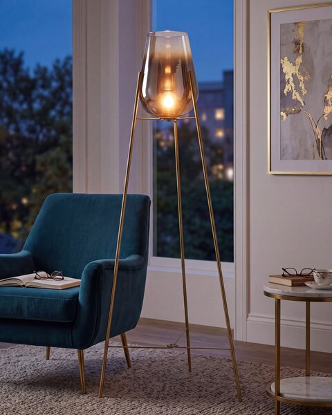 Stojaca lampa zlatá kovová oceľový podstavec sklenené tienidlo moderný glamour štýl obývačka spálňa