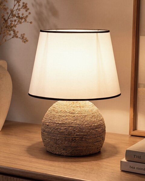 Stolná lampa biela prírodná pletený lanový podstavec 46 cm látkové tienidlo moderný štýl obývačka spálňa