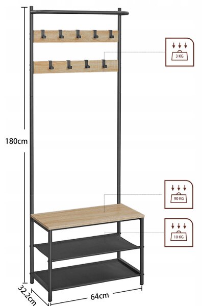 Kovová predsieňová stena LOFT 180 cm, čierna/dub sonoma