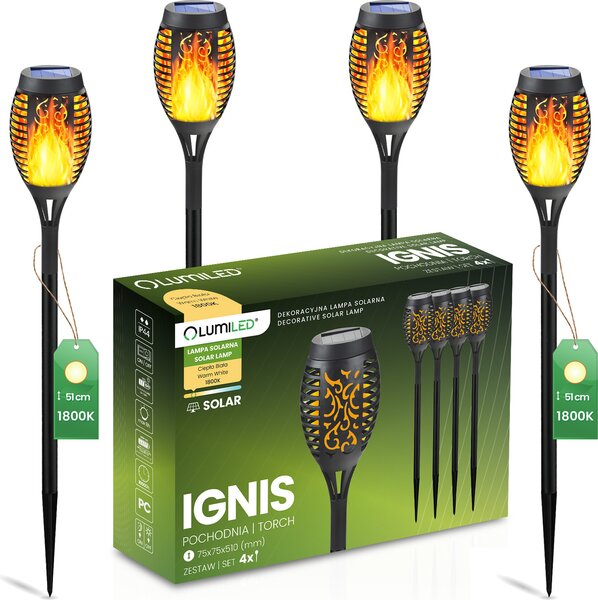 4 kusy LED solárnych záhradných lampičiek IGNIS, záhradné svietidlo s efektom plameňa, značka LUMILED