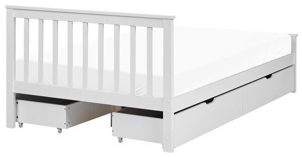 Posteľ biela borovicové drevo MDF 120 x 200 cm s čelom 4 zásuvky minimalistický štýl spálňa