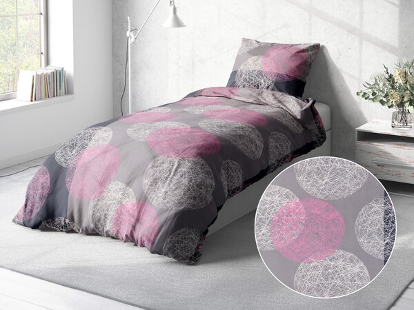 Biante Bavlnené posteľné obliečky Sandra SA-235 Ružové kruhy na sivom Predĺžené 140x220 a 70x90 cm