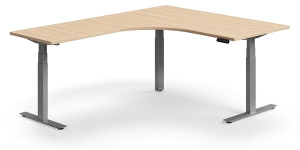 Výškovo nastaviteľný stôl QBUS, rohový, 1600x2000 mm, strieborný rám, dub