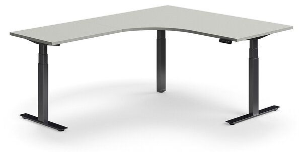 Výškovo nastaviteľný stôl QBUS, rohový, 1600x2000 mm, čierny rám, svetlošedá