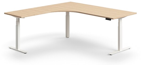 Výškovo nastaviteľný stôl QBUS, rohový, 2000x2000 mm, biely rám, dub