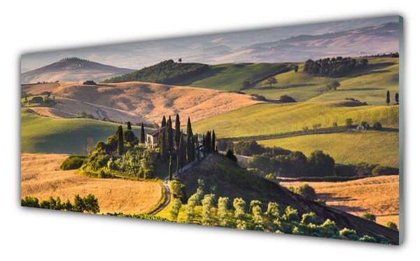 Sklenený obklad Do kuchyne Príroda vrchoviny lúky domček 125x50 cm