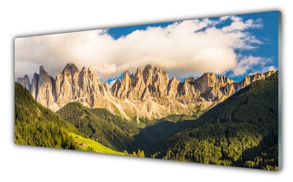 Sklenený obklad Do kuchyne Vrcholy hor mraky lesy lúka 125x50 cm